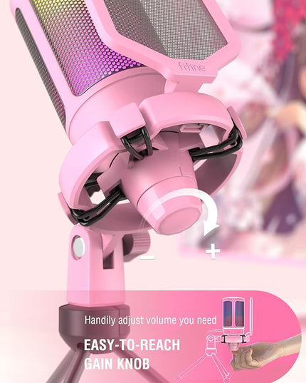 FIFINE USB Gaming PC Microphone for Streaming Podcasts, AmpliGame RGB Computer Condenser Desktop Mic, Cardioid Pattern for YouTube Video, Plug and Play on PS4 PS5, with Quick Mute, Mic Gain-A6V Pink