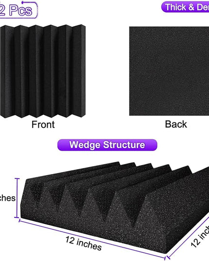 TroyStudio Thick Acoustic Foam Panels, 12 X 12 X 3 Inch 12 Pcs Broadband Sound Absorbing Foam, Dense Soundproof Padding Tile, Recording Studio Foam Absorber, Wedge Decorative 3D Wall Ceiling Panel