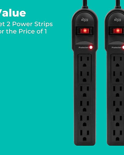 KMC 6-Outlet Surge Protector Power Strip 2-Pack, 900 Joules, 4-Foot Extension Cord, Overload Protection, Black