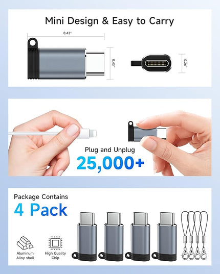 Lightning to USB C Adapter 4 Pack - Fast Charging & Data Transfer USB Type C to Lightning Charger Connector Compatible with iPhone 15/16/17 Pro Max/Plus, Samsung, Pixel - (Not for Audio/OTG)-Dark Gray