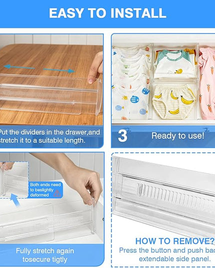 4Pack Drawer Dividers for Clothes, 4" High Adjustable Expandable Dresser Drawer Organizer, Clear Plastic Separators for Dresser, Underwear, Cosmetic, Toiletries
