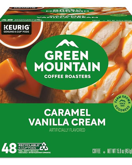Green Mountain Coffee Roasters Caramel Vanilla Cream, Single-Serve Keurig K-Cup Pods, Flavored Light Roast Coffee Pods, 48 Count