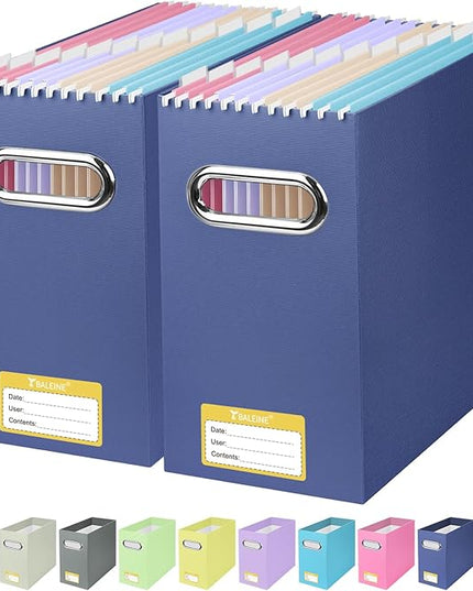 BALEINE File Organizer Box, Cardboard File Folder Organizer with Handle for Letter Size, Portable Collapsible Hanging Filing Box for Home Office Document Storage (2 Pack, Navy)