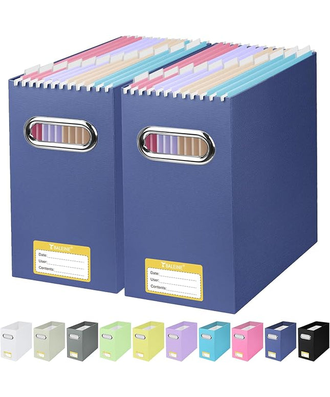 BALEINE File Organizer Box, Cardboard File Folder Organizer with Handle for Letter Size, Portable Collapsible Hanging Filing Box for Home Office Document Storage (2 Pack, Navy)