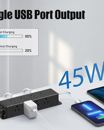 45W USB-C Fast Charging Under Desk Power Strip,12 Outlet Mountable Power Strip with 4 USB,1200J Surge Protection,6FT Flat Extension Cord Black