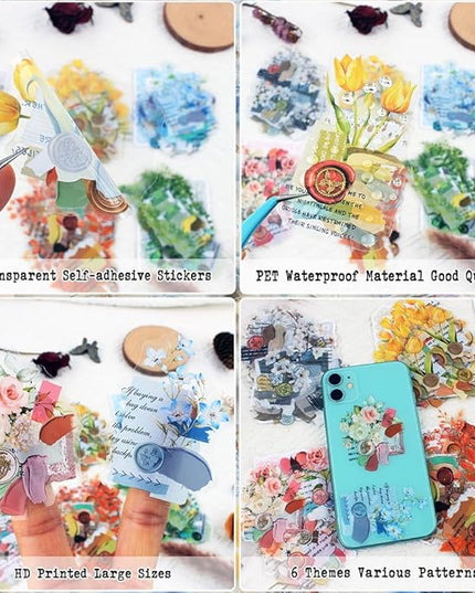 Dwpetzo 6 Assorted Watercolor Mixed Floral Leaf Collage Stickers for Journaling, 120Pcs Decorative Background PET Stickers for Scrapbooking, Junk Journal Supplies, Card Making