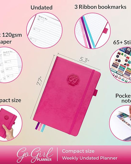 GoGirl Planner and Organizer for Women – Compact Size Weekly Planner, Goals Journal & Agenda to Improve Time Management, Productivity & Live Happier. Undated – Start Anytime, Lasts 1 Year – Hot Pink