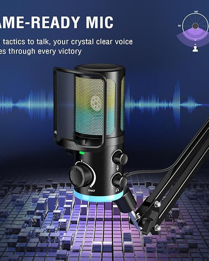 FIFINE USB Streaming Microphone Kit for Gaming, Condenser Mic with RGB, Noise Cancellation, Game/Chat Dial-Plug & Play for PC Twitch/YouTube/Podcast, Includes Boom Arm & Pop Filter-AmpliGame AM6T