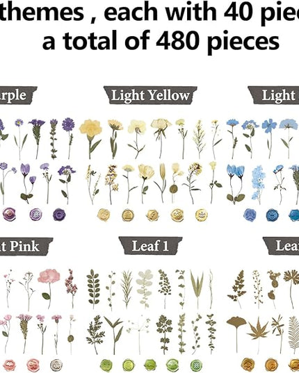 NESSCCI Pressed Flower Themed Stickers (Assorted 480 Pieces,24 Sheets) Scrapbook Supplies,Stickers for Journaling, Dried Floral Resin,Scrapbook Sticker,Junk Journal Sticker