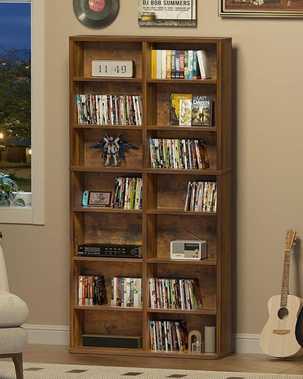 LELELINKY 7 Tier Tall Display Cabinet, Brown Media Storage Cabinet with Adjustable Shelves, Free Standing DVD Organizer Shelf, Floor Multimedia Storage Manga Bookshelf for Living Room & Home Office.