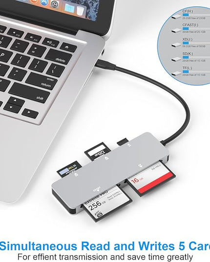 CFast 2.0 Card Reader, USB C CFast Card Reader 3.0 5Gbps CFast/CF/SD/TF/XD - 5 in 1 Memory Card Reader/Adapter for San Disk, Lexar, Transcend, Sony Card, Read CFast/TF/SD/XD/CF 5 Cards Simultaneously