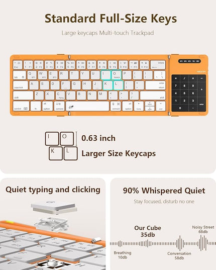 Nillkin Foldable Bluetooth Keyboard with Touchpad & Number Pad, Portable Bluetooth Keyboard with Full Size Keys, Pocket-Sized Wireless Travel Keyboards for iPad, Smartphone, Tablet and Laptop Orange