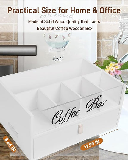 Intarsio 2-Tier Coffee Bar Organizer with Clear Acrylic Top, Built-in Drawer and Leather Handle Pull for Countertop, Stylish Coffee Station Storage Box for Accessories, Pods, Great Gifts for Home