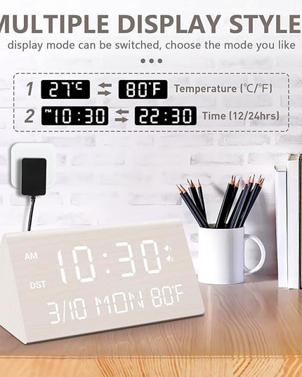 Kogonee Wooden Digital Alarm Clock, 0-100% Dimmer, 2 Alarm Settings, Weekday/Everyday Mode, 9 Mins Snooze, 12/24H, Temperature and Date Display for Office, Travel, Bedroom Alarm Clock (White)
