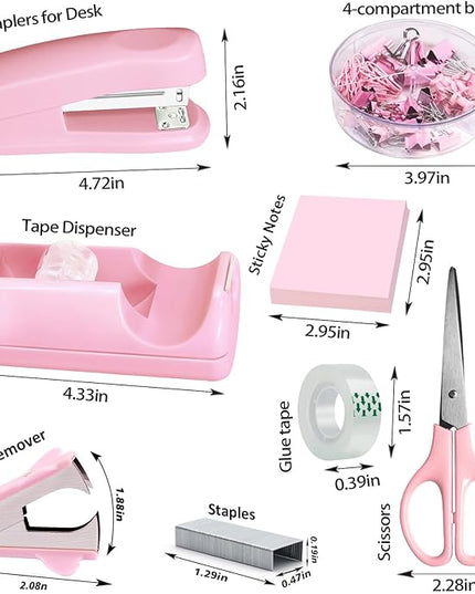 Pink Office Desk Accessories, Pink Office Supplies Set, Desk Drawer Organizer,Stapler and Tape Dispenser Set,Tape,Staple Remover, Staples, Paper Clips, Scissor and Sticky Note