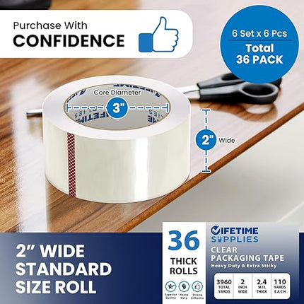 Lifetime Supplies 12 Rolls | 2.4 mil Clear | 65 Yards Each (780 Yards Total) | 2" Premium Packing Tape Heavy Duty Packaging Tape for Shipping Moving Stronger Thicker