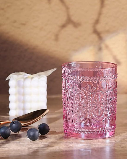 Pink Glassware set of 4, Vintage Drinking Glasses, 10oz Pink Heavy Duty Glass Cups, Old Fashioned Glass, Embossed Glasses Set for Party Wedding Home Office Glassesware Gift