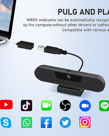 saylas 4K Webcam with 4 Noise Cancellation Microphone, W8GS Web Cam, Privacy Cover, 85° FOV, Plug & Play Web Streaming Camera for Computer, USB Webcam for Pc, Laptop, Desktop, Mac