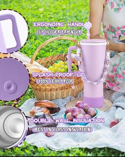 40 oz Tumbler with Handle Straw and Accessories, Drop & Abrasion Resistant, Vacuum Double-Layer Insulation, Ideal for Camping, Fitness, Outdoor Use