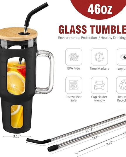Glass Tumbler with Lid and Straw, 46 oz Iced Coffee Cup with Handle, Large Water Bottles with Silicone Sleeve, Glass Cup with Straws - Pearl Straw & Drinking Straw BPA Free-Black