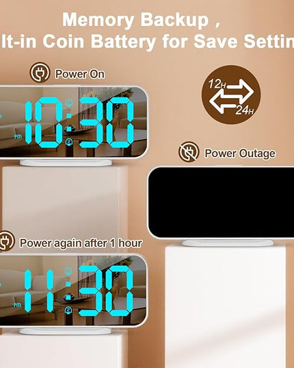 ALANAS Mirror Digital Alarm Clock, Dual Alarms with Snooze, 4-Level Dimmer, 2 USB Ports, Plug in Modern Alarm Clock for Bedrooms (Blue Digit)