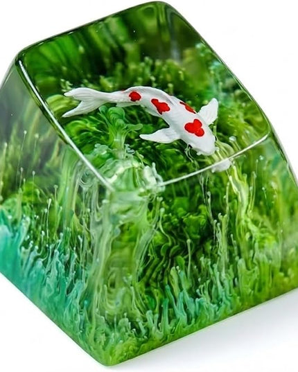 Kohaku Koi Fish Artisan Keycap Green Ocean Coral Reef R1 SA Profile Custom Keycaps 1U ESC Handmade Gaming Resin Key Cap Cherry MX Switch Compatible Mechanical Keyboard Koi Lover Gift