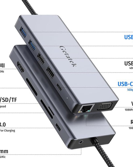 Getatek13-in-1 Docking Station with 4K HDMI,VGA,Ethernet,USB A 3.0 Data Port and USB C 5Gbps Port,100W PD Charging,SD/TF/MS Card Reader and 3.5MM Audior for MacBook, Acer, Laptops, Surface and More