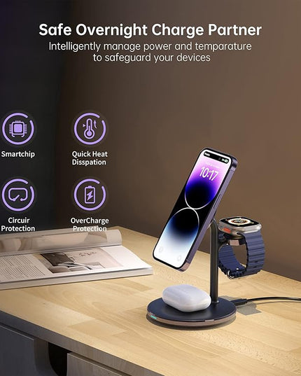 XooFly 3 in 1 Wireless Charging Station for Apple Devices, Fast Wireless Mag-Safe Charger Stand with 20W Adapter for iPhone 17/16 15 14 13 12 Pro Max/Pro/Plus/Air/Mini, iWatch, AirPods(Dark Purple)