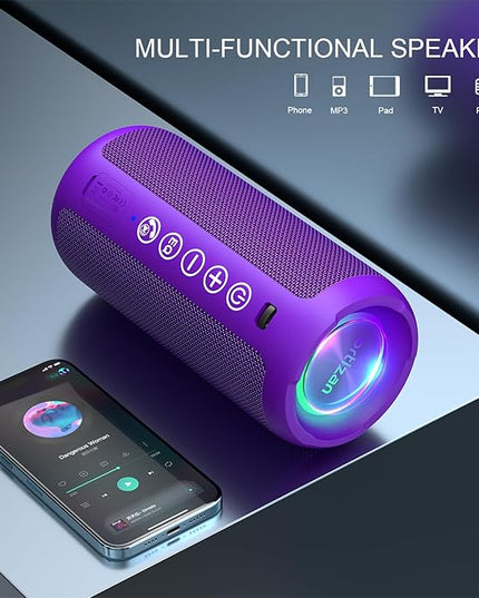 Ortizan Portable Bluetooth Speaker: IPX7 Waterproof, 24W Loud Sound, Deep Bass, Bluetooth 5.3, LED Lights, Wireless Stereo Pairing, 30H Playtime, for Home/Outdoor/Party/Beach, Birthday Gift (Purple)