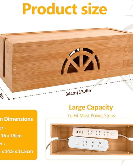 Bamboo Cable Management Box,Extra Large Cord Organizer Box,Power Strips Hider,Plug Strip Cord Box,Outlet Holder,Cords Concealer,Wires Covers,Desk & Floor Tidy Solution (Straight lid)