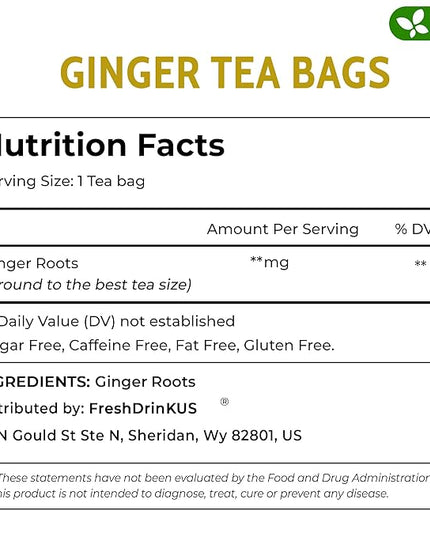 FreshDrinkUS, 150 Premium Ginger Tea Bags, Non GMO, 100% Natural & Pure from Ginger Root, Root Herbal Tea. No Sugar, No Caffeine, No Gluten, Vegan. Support Stronger Digestion, Pleasantly Spicy & Warming