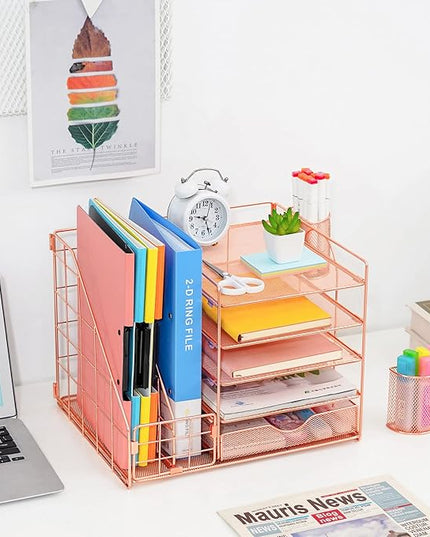 Marbrasse Rose Gold Desk Organizer with File Holder, 5-Tier Paper Letter Tray Organizer and Drawer, Mesh Desktop Storage with Magazine Holder for Office Supplies
