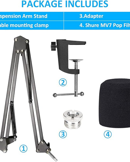 SUNMON MV7 Boom Arm Mic Stand with Pop Filter, Adjustable Suspension Boom Scissor Arm Stand with Pop Filter Compatible with MV7, MV7X adn SM7B Microphone by SUNMON