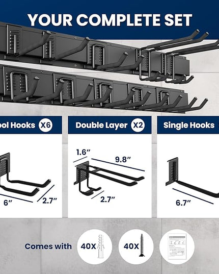 64'' All-Metal Garage Tool Organizer Wall Mount – Heavy-Duty Tool Rack Holds 680 lbs, Adjustable Hooks for Garage, Yard, and Garden Equipment