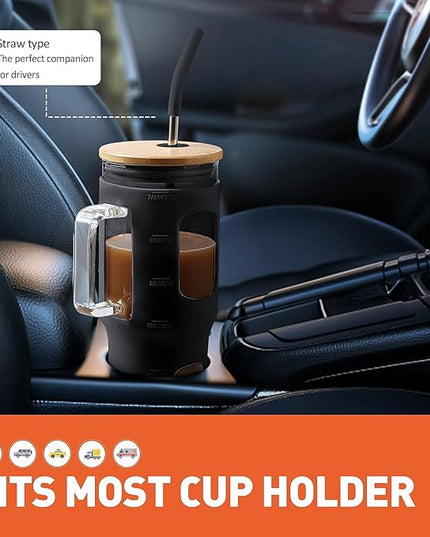 Glass Tumbler with Lid, 32 oz Glass Cup with Handle, Glass Water Bottles with Time Marker, 2 Straws - Pearl Straw & Silicone Protective Sleeve - Black