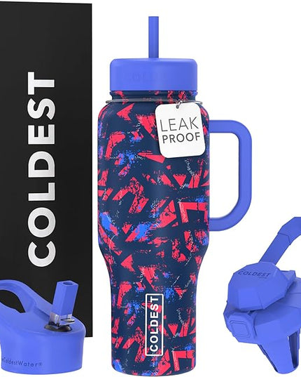 Coldest Tumbler with Handle and Straw - 100% Leak Proof Insulated Tumbler with Lid and Straw (3 Lids) - Stainless Steel Tumblers for Women & Men - Cup Holder Friendly Base, 36 oz (Trailblazer)
