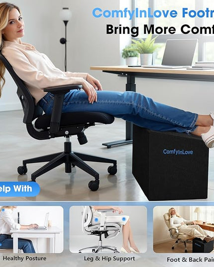 Foot Rest for Under Desk at Work - Non-Slip Foot Stool with 3 Adjustable Heights, Ergonomic Under Desk Footrest with Washable Cover for Desk, Home, Office, Car (Black)