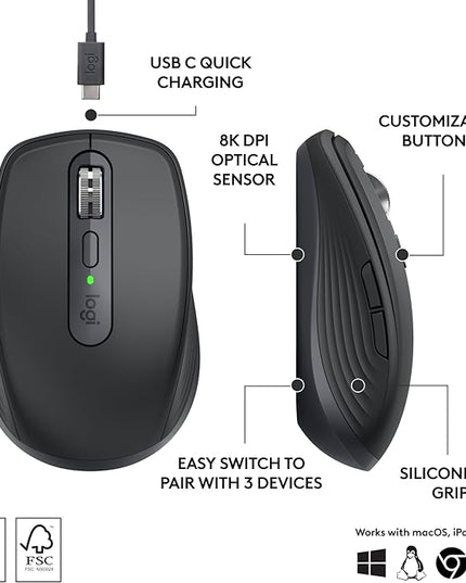 Logitech MX Anywhere 3S Compact Wireless Mouse, Fast Scrolling, 8K DPI Any-Surface Tracking, Quiet Clicks, Programmable Buttons, USB C, Bluetooth, Windows PC, Linux, Chrome, Mac - Graphite
