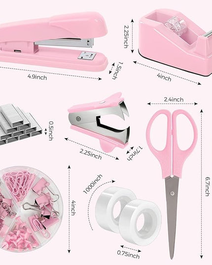 SKYDUE Pink Office Desk Accessories, Pink Office Supplies, Stapler, Tape Dispenser, Scissors, Clips and 1000pcs Staples,Office Supplies for Desk for Women