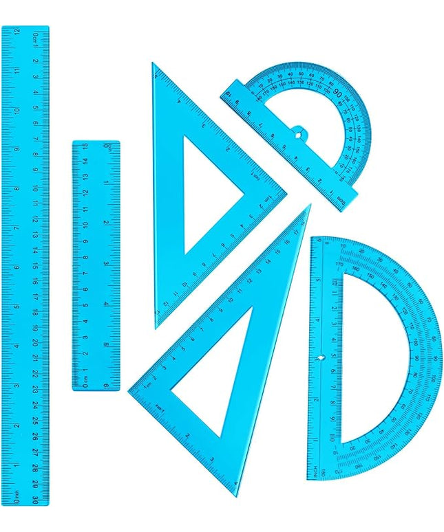 Tenare 6 Pcs Plastic Ruler Math Set Includes 12 Inch 6 Inch Straight Protractor Triangle Geometry Transparent Math Ruler Measuring Tools for School Office Home(Blue)