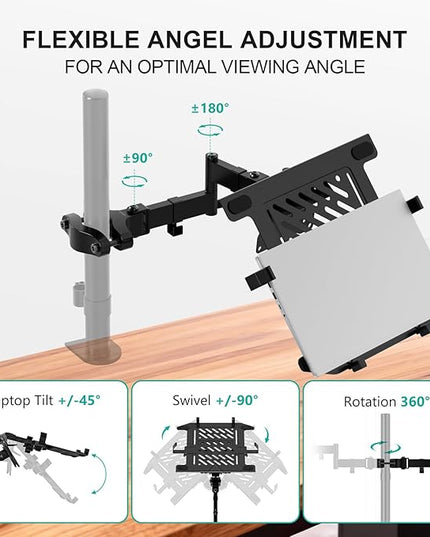 WALI Laptop Pole Mount, Adjustable Laptop Arm Holder Fits 10"-15.6" Laptops, 2-in-1 Full Motion Monitor Mount with Removable Tray, VESA 75x75 or 100x100 mm, Holds up to 15.4lbs(011ARMLPN), Black