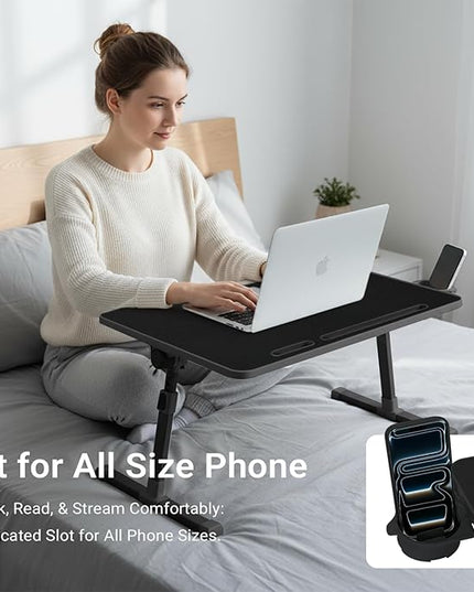 iXTRA Laptop Lap Desk with Cooling Fan - Adjustable Bed Desk with Light, Bed Table with Cup Holder&Phone Holder - Storage Drawer Desk - Folding Bed Desk,Black,70x45cm