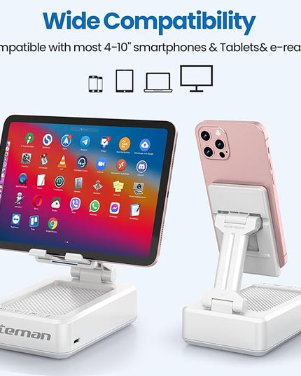 JTEMAN Portable Phone Stand with Speaker Bluetooth Wireless,Gifts for Men Women,Birthday for Women,Kitchen Gadgets for Men,Phone Holder for Desk - White