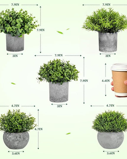 Fake Plants,5 Pack Small Fake Plants Mini Potted Artificial Eucalyptus Greenery Plastic Green Grass Plants for Indoor Outdoor,Mini Faux Plant for Shelve Desk Table Farmhouse Bathroom Shelf Decor