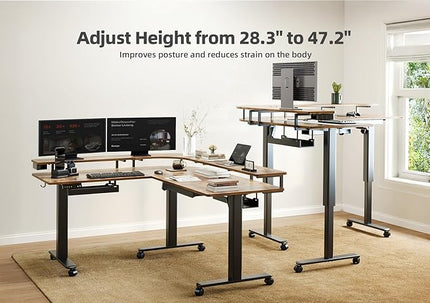 Claiks 63" L Shaped Standing Desk with Drawers and LED Lights, Height Adjustable Electric Corner Standing Desk with Monitor Stand & Power Outlet, 4 Memory Preset, Rustic Brown