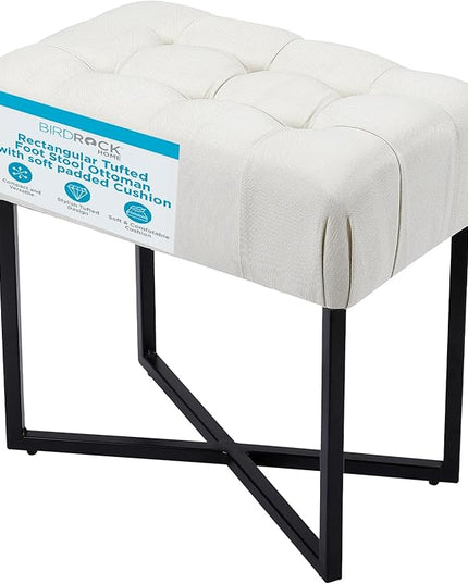 BIRDROCK HOME Rectangular Tufted Foot Stool Ottoman with Soft Padded Cushion - Versatile Vanity Chair for Bedroom, Living Room, Bathroom - Compact Seating for Adults - Cream with Black Metal Legs