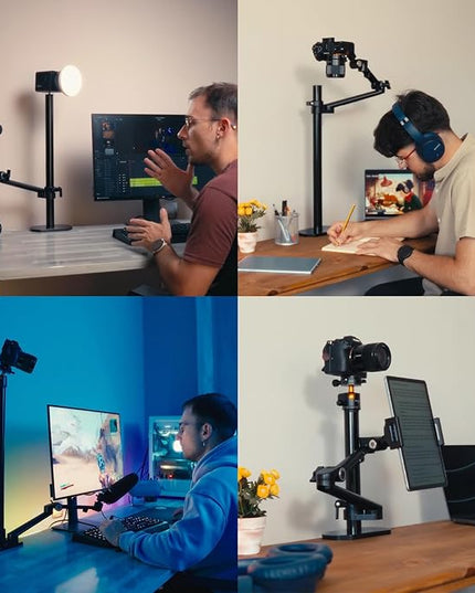 TARION Camera Arm Desk Mount: Heavy Duty DSLR Desktop Mount Camera Stand with Tablet Holder Double C Clamp 1/4 3/8 Screw Adapter Articulating Arm for Selfie Streaming Videography TitanRig Lite Z