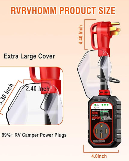 RV Surge Protector 50 Amp Flag Design - Upgraded 16000J Power Surges Voltage Protection Circuit Analyzer IP68 Waterproof Cover for 50A RVS Camper Trailer Must Haves (50Amp, Red)