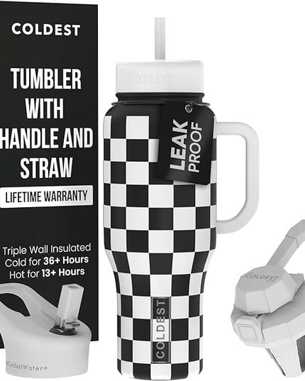 Coldest Tumbler with Handle and Straw - 100% Spill Proof Tumbler with Straw (3 Lids) - Stainless Steel Insulated Leakproof Tumblers for Women & Men - 36 oz (Black and White Checkers)