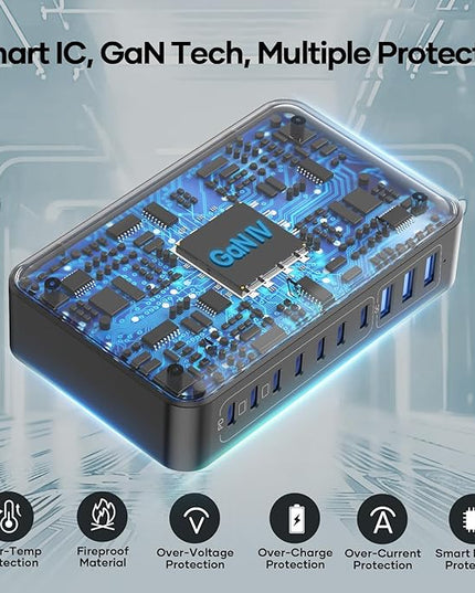 USB C Charger Block 500W, 10-Port Charging Station, GaN PD 140W Type C Fast Charger Hub for MacBook Pro/Air, DELL, iPad, iPhone, Samsung Galaxy, Low Profile Flat Plug